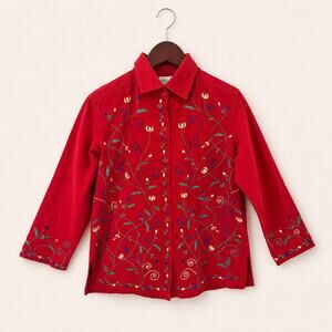Brownstone Studio Red Cotton Embroidered Shirt Button Down L Western Boho Jacket